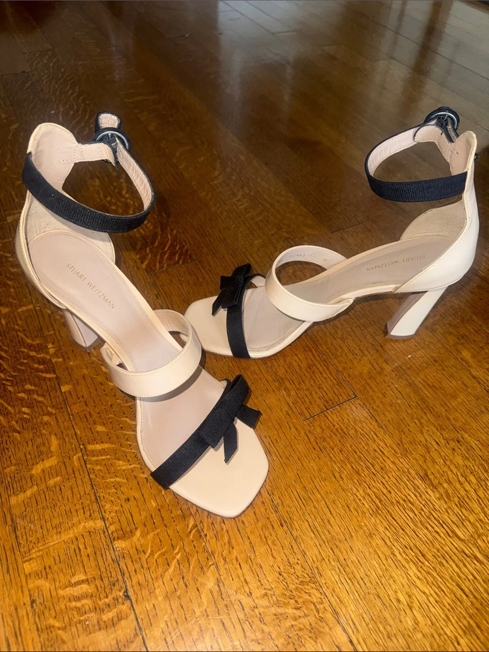 Stuart Weitzman Beige and Black Ankle-Strap Bow Sandals